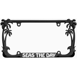 Seas The Day Palm Tree Design Chrome Metal Auto License Plate Frame Car Tag Holder(Black/White)