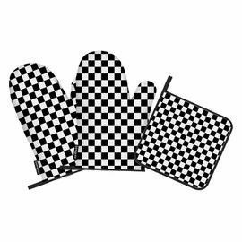 Samgula Black White Plaid Oven Mitts and Pot Holders Sets Classic Square Grid Heat Resistant 3pcs for Cooking Baking BBQ
