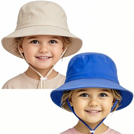 Windproof Lightweight Baby Sun Hat - UPF 50+ Bucket Hat with Wide Brim | Adjustable Strap&Chin Tie, Foldable for Beach, Hiking 0-7years Blue-Beige