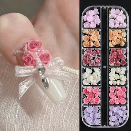 3D Flower Nail Charms, Gradient Red Pink White Resin Acrylic Rose Camellia Flower with Pearls Caviar Beads, Spring Floral Gems Jewelry Nail Art Design Manicure DIY Nail Decoration…