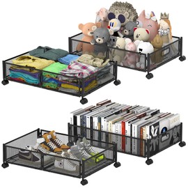Under Bed Storage Containers,4 Pack Foldable Underbed Storage Containers with Handles and Wheels,Folding Bed Shoes Clothes Organizer,Easy Assembly Underbed Storage for Toy,Bedding,Bedroom(Black)