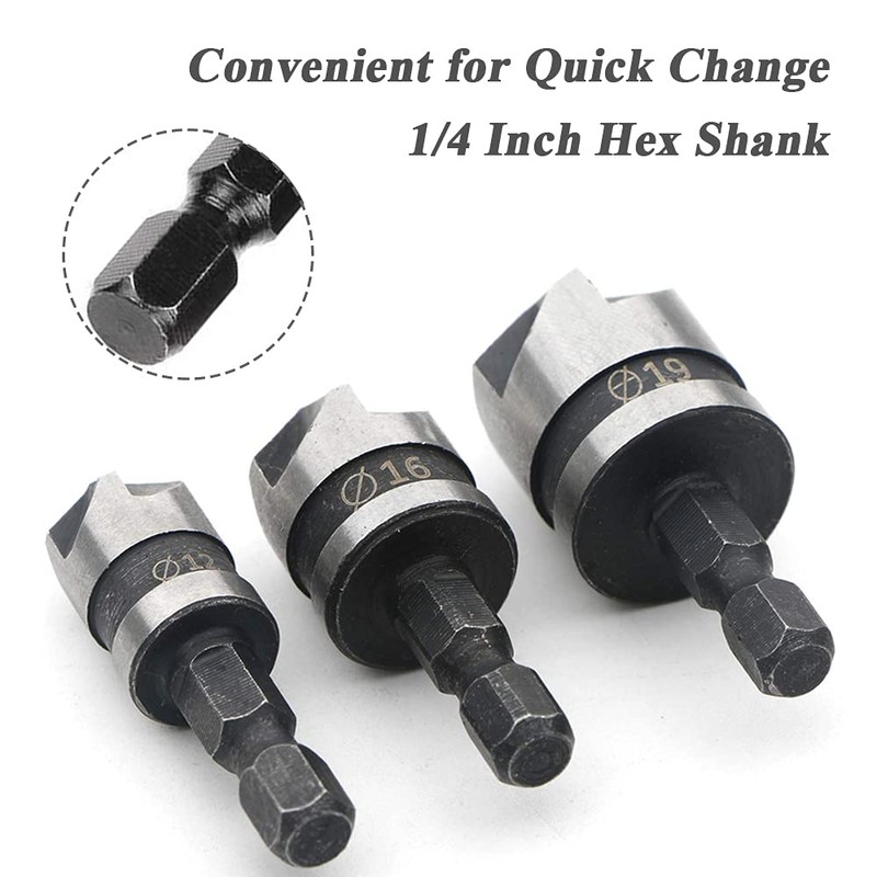 Mesee 3 Pieces 5 Flute 90 Degree Chamfering Countersink Drill