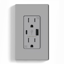 ELEGRP Charger Wall Outlet With USB A & C Ports, 15 Amp Duplex Tamper Resistant Receptacle Plug NEMA 5-15R, Wall Plate Included, UL Listed, 1 Pack, Matte Grey