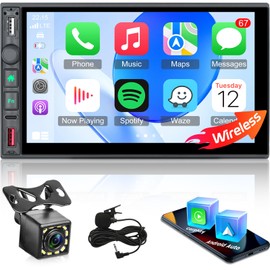 NHOPEEW Double Din Car Stereo with Wireless Carplay and Android Auto - 7 Inch Touchscreen Car Radio - EQ Audio/Mirror Link/Bluetooth/FM/AM/RDS Radio/SWC/Seven Color Backlight + Backup Camera