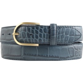 BELTINGER Women's Belt with Crocodile Embossed 3.5 cm Leather Belt for Women 35 mm Crocodile Look Crocodile Pattern with Round Gold Belt Buckle, Denim Blue, Gold
