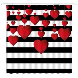 Red Heart Shower Curtain Romantic Love Heart Black White Stripe Valentine's Day Girl Woman Couple Sweet Lovers Wedding Marriage Decor Fabric Bathroom Curtain with Hook