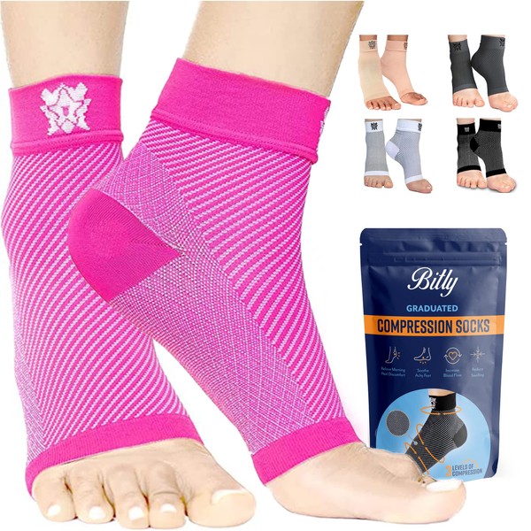 Bitly Plantar Fasciitis Compression Socks for Women & Men - Best Ankle Compression Sleeve, Nano Brace for Everyday Use - Provides Arch Support & Heel Pain Relief (Pink, Large)