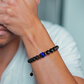 WOVEE Men's Pearl Bracelet 8 mm Obsidian 9 mm Blue Tiger's Eye Stone Bracelet Natural Stones Ball Bracelet Adjustable Birthday Gift Jewellery Gifts for Son from Dad Dad and Mum Mother, Stone