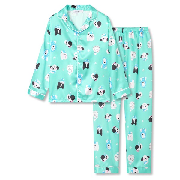 Beezizac Girls Pajama Sets Green Dogs Satin Silky Long Sleeves