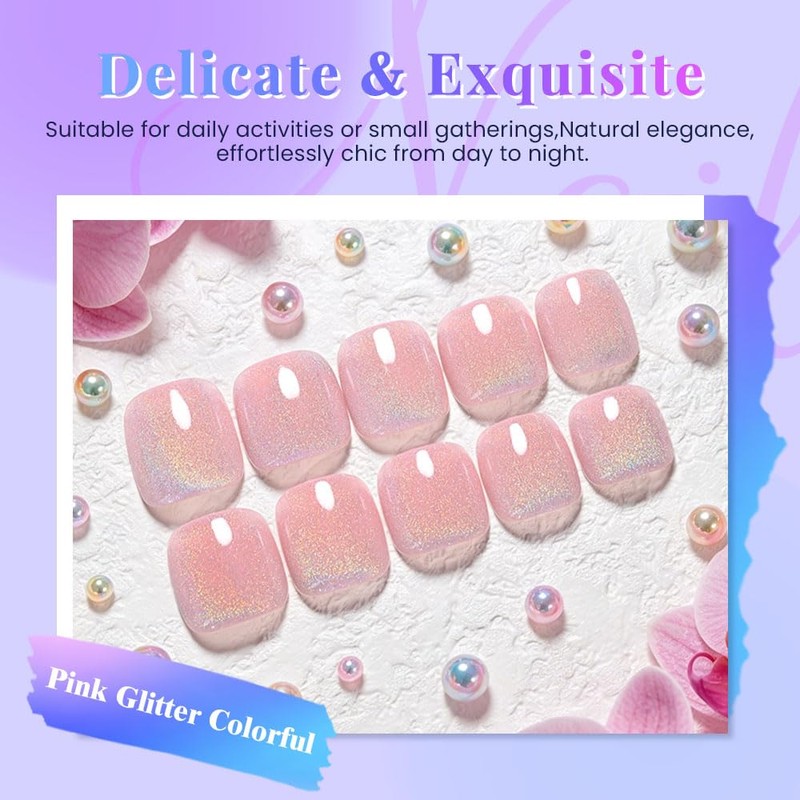 Pink Glitter Colorful Press on Toenails Square for Women No