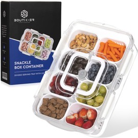 BOUTIK-ER | Snackle Box Container, Divided Serving Tray with Lid & Handle - Microwave & Dishwasher safe - 8 Compartment Snack Organizer with 4 Regular & 4 Filter Cups for Travel, Picnic, Candy & Fruit