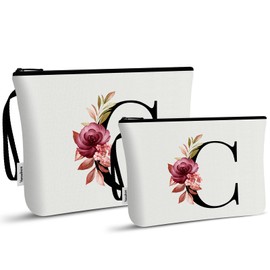 Vavabox 2 Pcs Initial Makeup Bag Set,Birthday Gifts for Women,Ideal for Wedding,Travel (C, White)