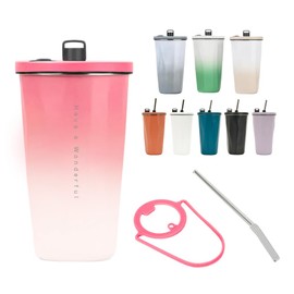 Tumbler with Straw, Water Bottle, Tumbler with Straw, No Spills, 20.1 fl oz (600 ml), Stainless Steel with Strap, Wide Mouth, Includes Lid, Hot and Cold Insulated, Double Layer, Storage, Travel