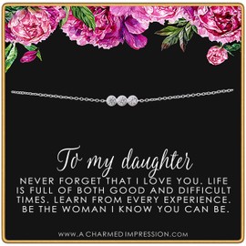 To My Daughter • Inspirational Jewelry • Gifts for Her • From Mom Dad • Ideas for Birthday Christmas Graduation Wedding • 3 Crystal Bracelet Silver