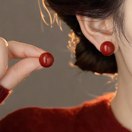 Yheakne Vintage Red Ball Stud Earrings Small Red Pearl Earring Tiny Burgundy Ball Earrings Round Enamel Burgundy Earring Jewelry for Women