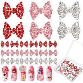 Maitys 24 Pieces Nail Bows Charms Rhinestones 3D Charms Alloy Pearl Bow Knot Accessory for Women DIY Valentine Salon Jewelry Craft(Red, Gold, Rose Red)