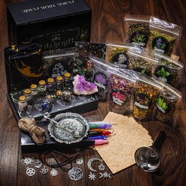 Kit de suministros de brujería para hechizos, caja mágica rica incluye hierbas secas, tarros de cristal, velas de colores, pergamino, artículos de bruja para pagano, rituales