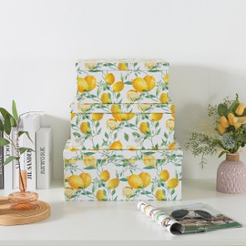 Soul & Lane Decorative Cardboard Storage Boxes with Lids for Home Decor and Organization, Set of 3 Large Keepsake Boxes for Memories & Gifts, Nesting Floral Photo Storage Containers, Zesty Lemons