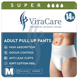 ViraCare 14 x Super Adult Nappies, Maximum Absorbency and Overnight Protection, Nappies for Men and Women, Incontinence Pants, Size Medium, Waist Size 65-135 cm