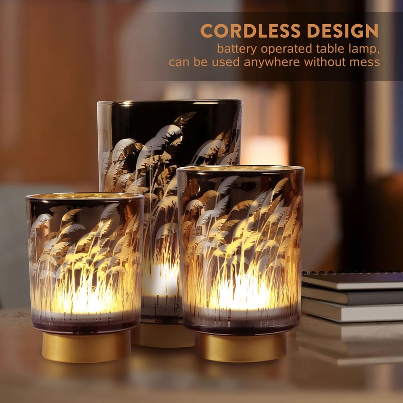 Eywamage Battery Operated Table Lamp with Remote, Pampas Cordless Glass