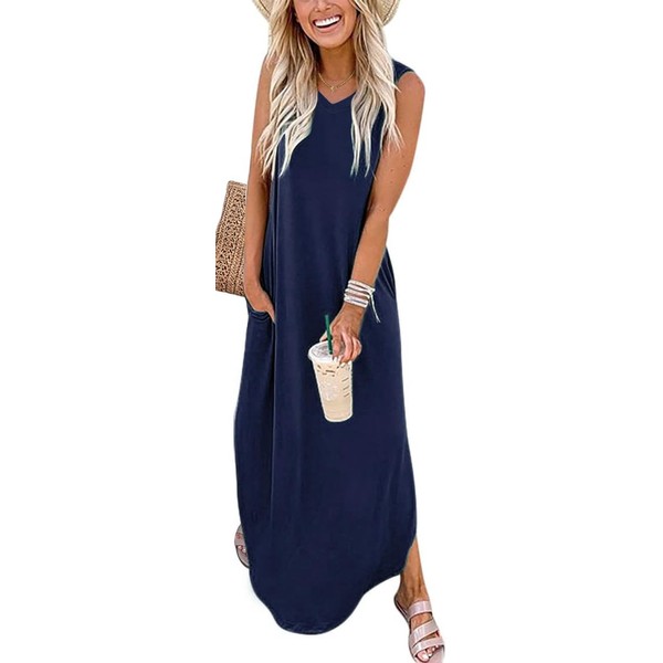 WNEEDU Women's Summer Dresses, Long Beach Dresses, V-Neck Maxi Dresses,