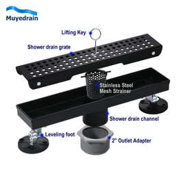 Linear Shower Drain 12 Inch Rectangular,Removable Quadrato Pattern Grate,Matte Black,Food-Grade SUS 304 Stainless Steel,CUPC Certified