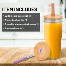 Luxgola 24oz Glasses Tumbler with Bamboo Lid,2 Pack Wide Mouth Mason Jar Drinking with Straw -White/Amber