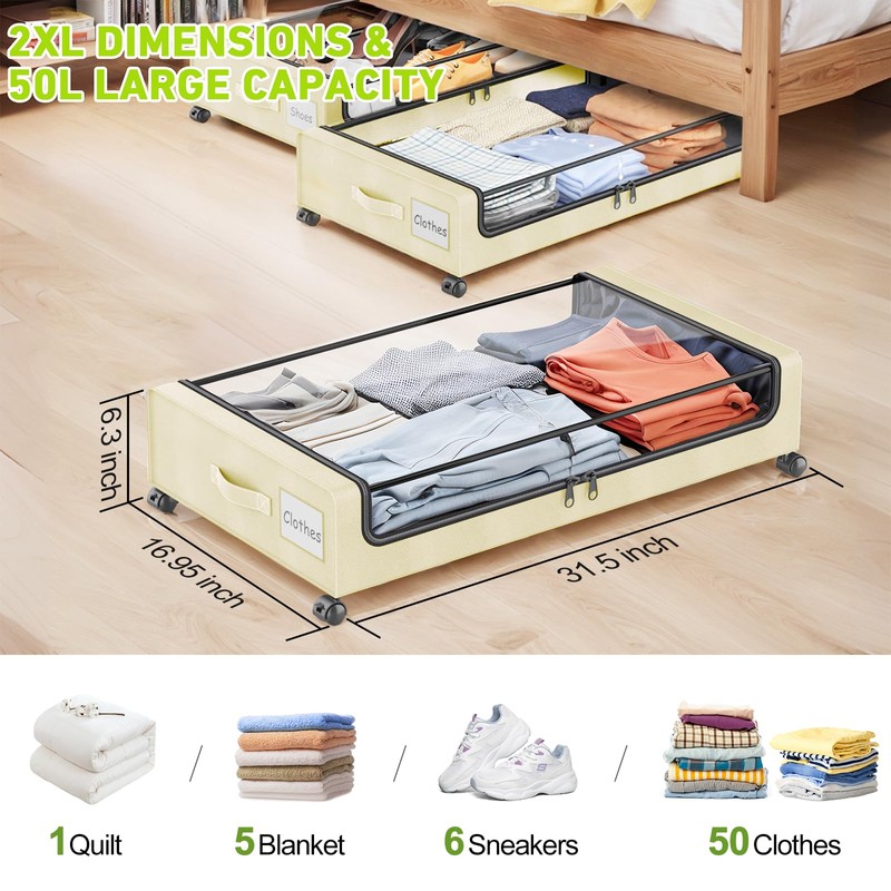 Molutsody Under Bed Storage with Wheels, 4-Pack UnderBed Storage Containers