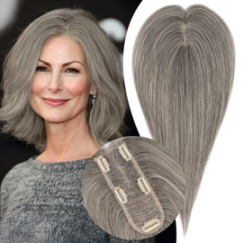 S-noilite Hair Toppers for Women Real Human Hair, 100% Real Human Hair Toppers for Women for Thin Hair 2.25"*6" Lace Silk Base 12 inch (Mixed Dark Gray)