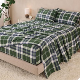 Bare Home Cotton Flannel Sheet Set Prints, 100% Cotton, Velvety Soft Heavyweight - Double Brushed for Softness & Comfort - Deep Pocket - Bed Sheets (Full, Enchanted Plaid - Green)