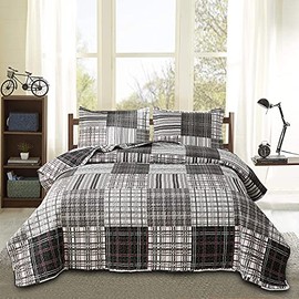 Bedspread Set Queen/Full Size Quilt Set Plaid Bed Spread Coverlet Black White Grey Plaid Patchwork Stripe Modern Quilt Bedspread Bedding Soft Lightweight Reversible Home Mens Quilts for Queen Bed