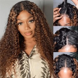 Ainmeys Curly V Part Wigs Ombre Brown V Shape Wigs for Black Women No Leave Out Lace Front Wigs Upgrade U Part Wigs Glueless Full Head Clip In Half Wigs(#FB30 30IN)