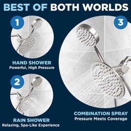HammerHead Showers® ALL METAL Dual Shower Head Combo – BRUSHED NICKEL – 8 Inch Rainfall High Flow Shower Head & Handheld Shower Head High Pressure with Hose 6ft - Hotel-Like Double Shower Heads