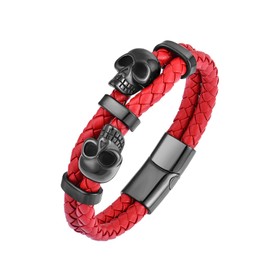 Raymard Men's Double Row Skull Leather Bracelet, Punk Skeleton Braided Cuff Bracelet for Men, Mens Biker Jewelry, (Black Skull) - Red