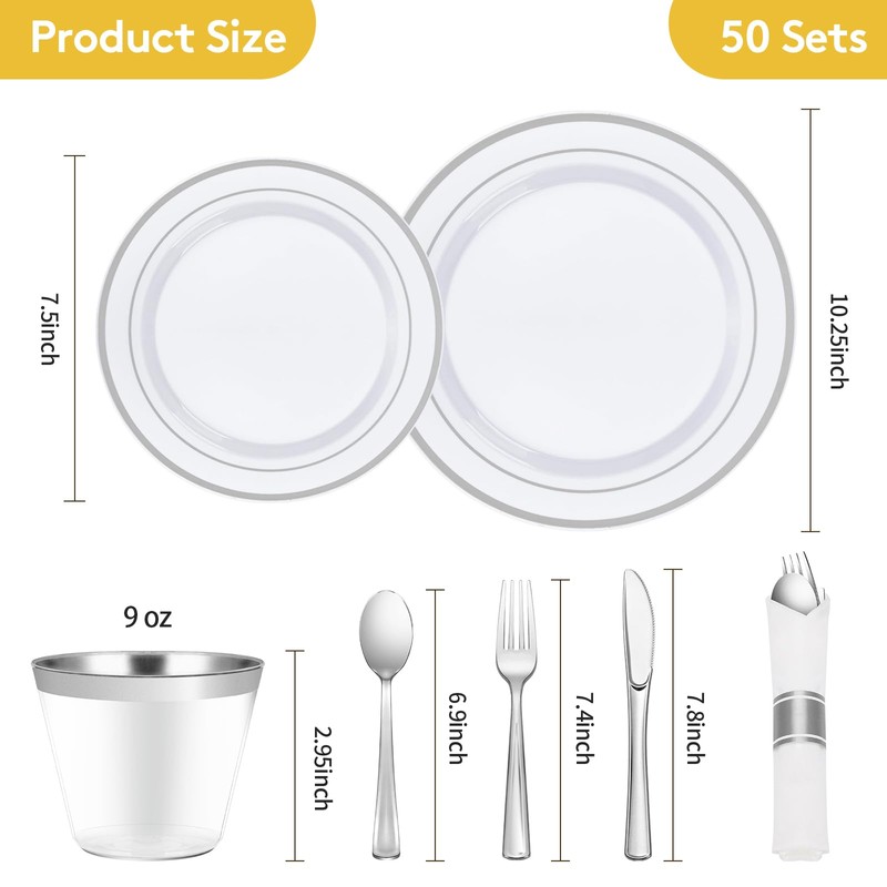 Goodluck 350 Piece Silver Plastic Dinnerware Set for 50 Guests,