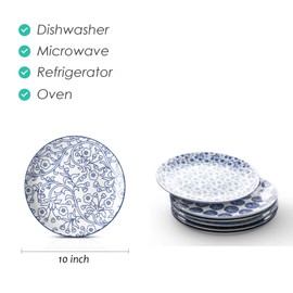 Selamica 10 inch Porcelain Dinner Plates, Large Size Ceramic Plates for Salad, Pancakes, Scratch Resistant, Microwave, Oven and Dishwasher Safe Plates Set of 6, Vintage Blue