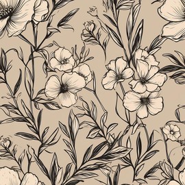 REDAMANCY Boho Simple Hand-Drawn Beige Poppies Flower Peel and Stick Wallpaper Vintage Wall Paper Stick on Contact Paper Easy Peel Off for nightstand Drawer Renter Friendly 17.7"x236"