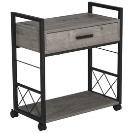 HOMCOM Industrial End Table with Drawer and Bottom Shelf, Mobile Side Table with 4 Wheels for Living Room,Grey