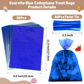 Premium 8×11 in Clear Blue Candy Bags – 50pcs Cellophane Treat Bags with 60 Twist Ties for Candy, Cookies, Snacks – Durable Food-Safe Clear Gift Bags for Holiday Party Favors, Birthday, Wedding