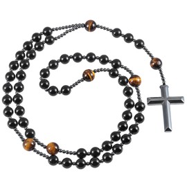Nupuyai Obsidian & Tiger's Eye Crystal Stone Beads Cross Pendant Necklace for Men, Catholic Rosary Necklace Hematite Cross Necklace Men