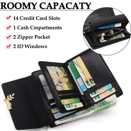 GOUNNU Women's PU Leather Purse RFID Protection Women's Purse Many Compartments Women's Wallet in Short Format with 14 Card Slots and Coin Compartment, black, Contemporary