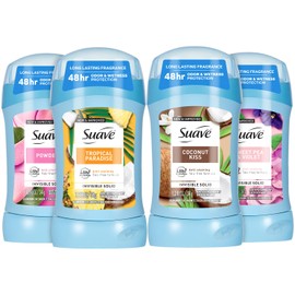 Suave Antiperspirant Deodorant for Women Variety 4-Pack – Powder, Tropical Paradise, Coconut Kiss, Sweet Pea & Violet, Anti-Staining Invisible Solid, Talc-Free, 1.2 Oz Ea