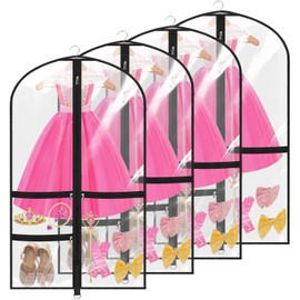 4 Pack Dance Garment Bags, 40" Clear Dance Costume Bags with 3 Pockets, Kids Garment Bags for Hanging Clothes Suit for Travel, Dance Competition and Closet Storage (Black)