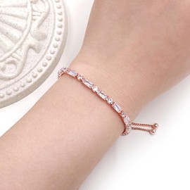 Uloveido Silver Color Baguette Cubic Zirconia Tennis Bracelet Adjustable Bolo Slider Chain Crystal Bracelets for Girls Y4190 (Platinum Plated)