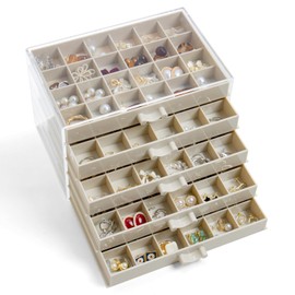 YUFONG Earring Storage Box Organizer, Acrylic Jewelry Storage Box Holder 5 Drawers Transparent Jewelry Display Stand with 120 Small Compartments Gift Boxes for Women Girls (Beige)