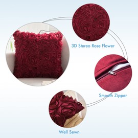 MIULEE Christmas Pack of 2 Decorative Romantic Stereo Chiffon Rose Flower Pillow Cover Solid Square Pillowcase for Valentines Day Decoration Sofa Bedroom Car 16x16 Inch 40x40 cm Wine Red