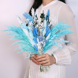 Natural Dried Flower Bouquet - 17" Boho Style Mixed Pampas Grass Ideal for Home Decor, Wedding Decor, Bridal Bouquets, Floral Arrangement, Event Centerpieces, Office Decorations (Blue)