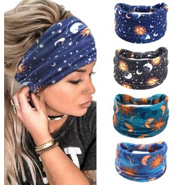 Accesyes Wide BOHO Knotted Headbands Yoga Hair band Sport Bandeau Thick African Head Wraps Stretch Bands Hair Scarf Pack of 4 (Sun and Moon, One Size)