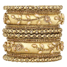 Aheli Silk Thread Fabric and Stone Studded Kundan Chura Chuda Bangles Set Gift for Women