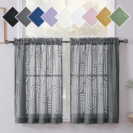 Simplebrand Sheer Charcoal Grey Curtains Kitchen 36 Inch Length 2 Panels for Window, Soft Airy Geometric Jacquard Semi Sheer Curtains for Bathroom, Modern Rod Pocket Window Curtains, 42Wx36L Inches
